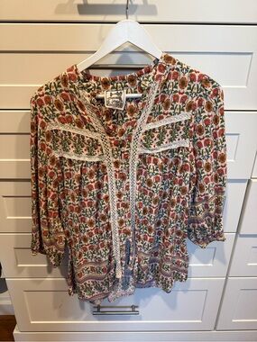 Women's Bohemian Floral Crochet-Trim Blouse - Ivory with Red & Green
